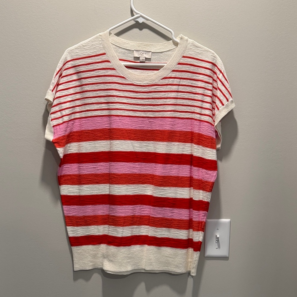 LOFT Red and Pink Striped Short Sleeve Top